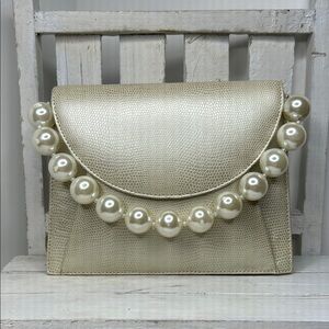 Elegant Champagne Clutch with Pearl Accent Handle 8”X6”